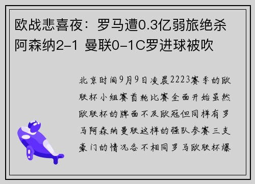 欧战悲喜夜：罗马遭0.3亿弱旅绝杀 阿森纳2-1 曼联0-1C罗进球被吹