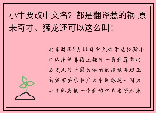 小牛要改中文名？都是翻译惹的祸 原来奇才、猛龙还可以这么叫！