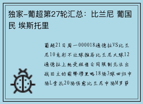 独家-葡超第27轮汇总：比兰尼 葡国民 埃斯托里