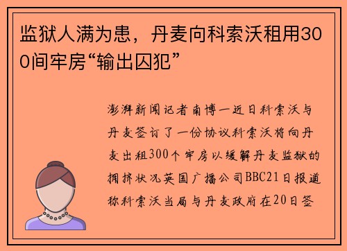 监狱人满为患，丹麦向科索沃租用300间牢房“输出囚犯”